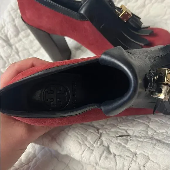 Tory Burch Red Black Suede Leather Tassel Chunky Square Toe Heels Size 7 - Picture 10 of 10